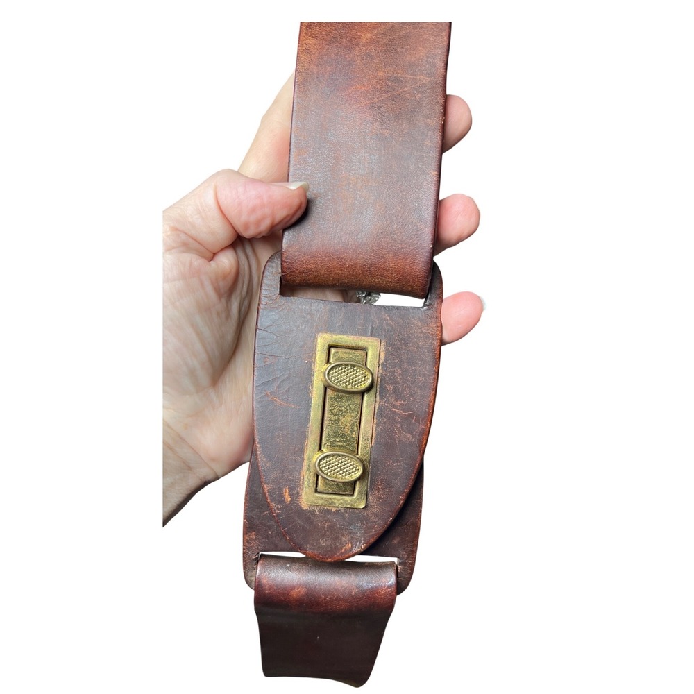 Vintage Leather Cinch Waist Belt Brass Turn Lock Brown Germany 33"